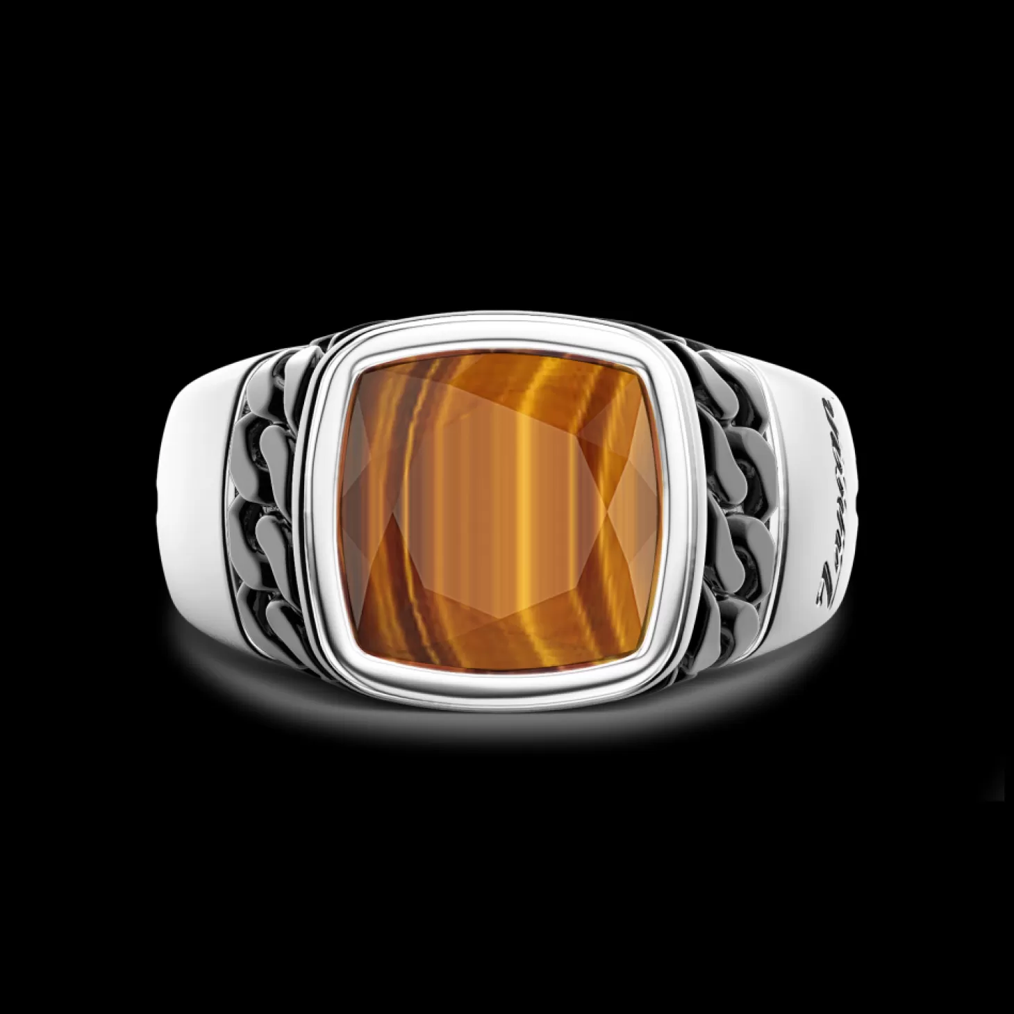 Zancan Gioielli Anello In Argento Bianco E Nero Con Occhio Di Tigre Naturale.> Anelli