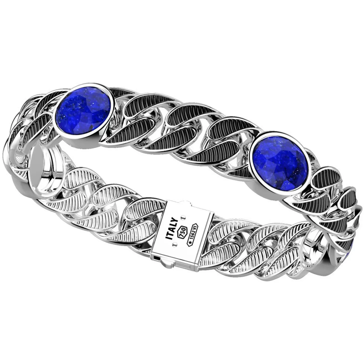Zancan Gioielli Bracciale A Grumetta Larga Zancan In Argento Con Finitura Striata In Nero E Pietre Blu.> Bracciali