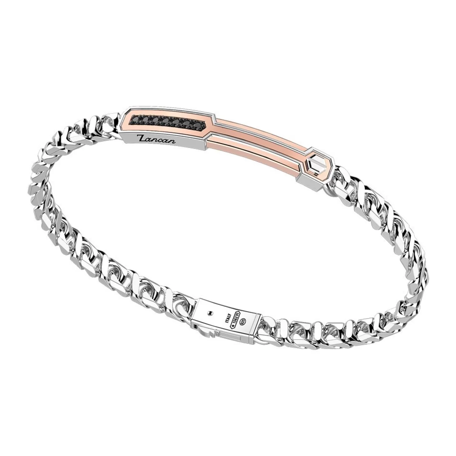 Zancan Gioielli Bracciale A Grumetta Zancan In Argento Con Targa Ed Inserti In Oro Rosa E Pietre Nere.> Bracciali