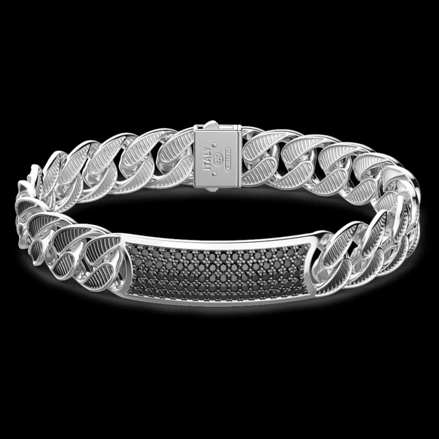 Zancan Gioielli Bracciale Grumetta Larga Zancan In Argento Con Finitura Striatae Targa Con Pietre Nere.> Bracciali