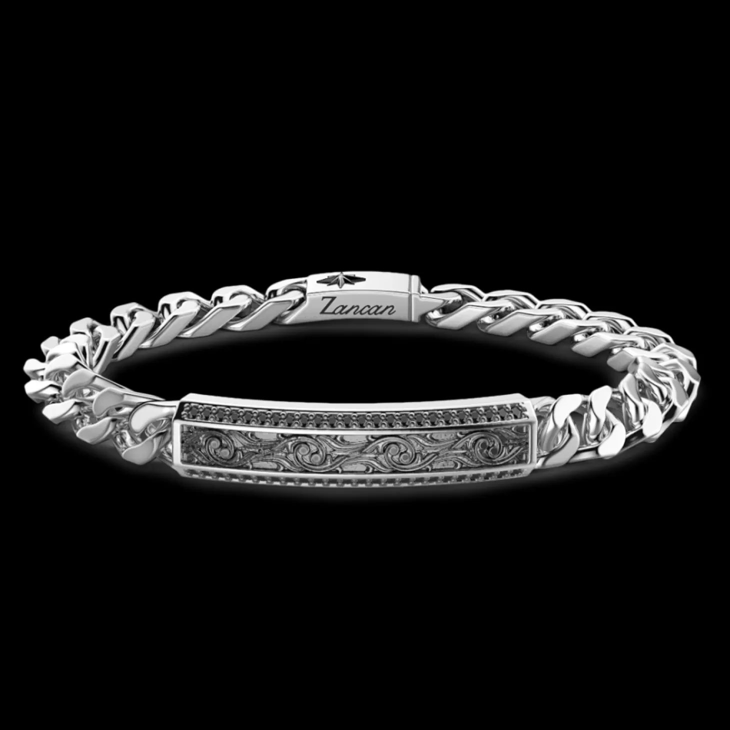 Zancan Gioielli Bracciale Zancan In Argento A Grumetta Con Targa E Pietre Nere.> Bracciali