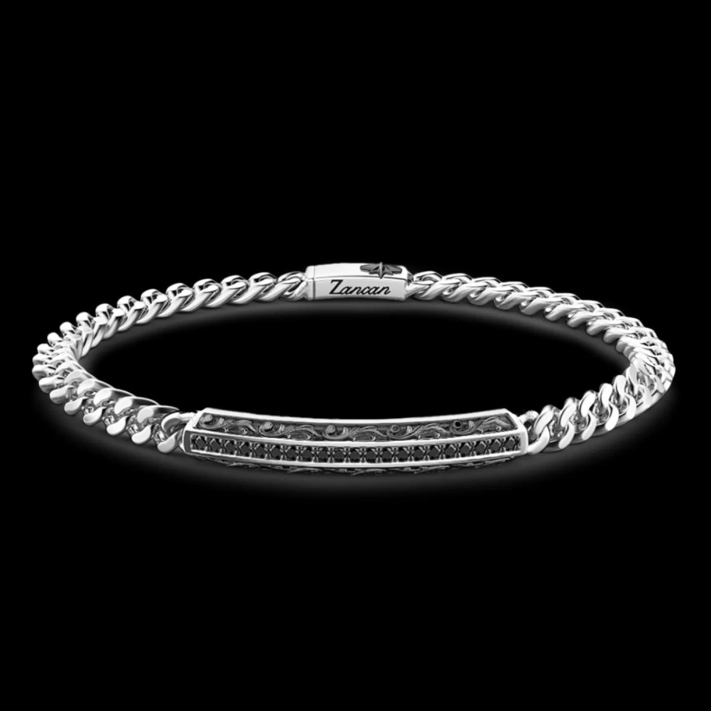 Zancan Gioielli Bracciale Zancan In Argento A Grumetta Con Targa E Pietre Nere.> Bracciali