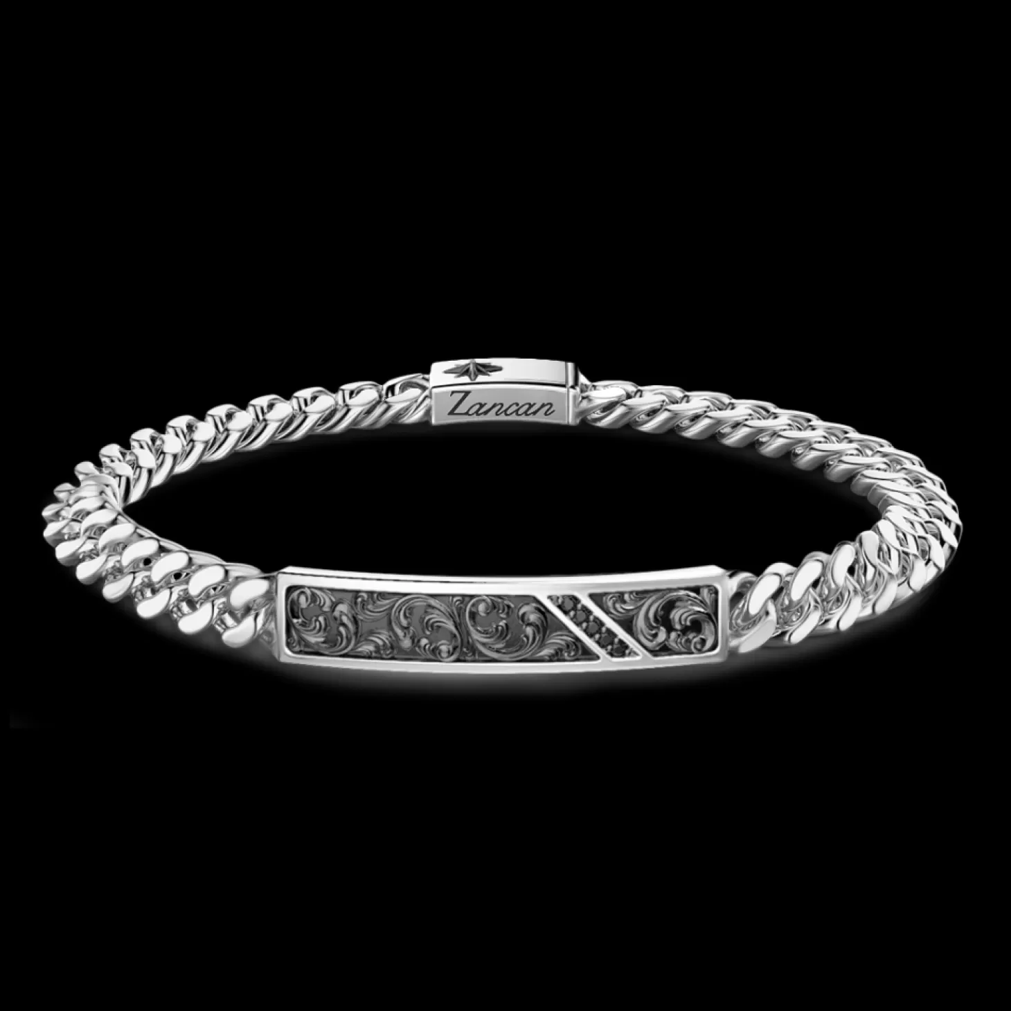 Zancan Gioielli Bracciale Zancan In Argento A Grumetta Con Targa E Pietre Nere.> Bracciali