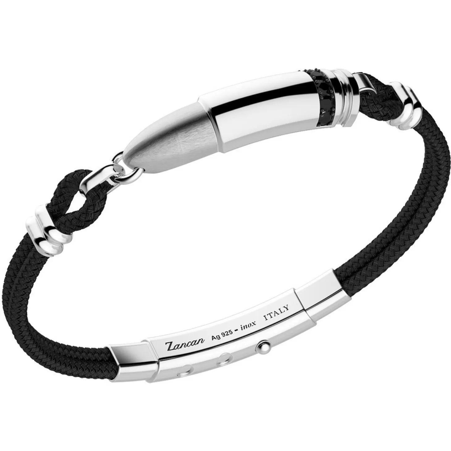 Zancan Gioielli Bracciale Zancan In Kevlar Con Proiettile In Argento E Pietre Nere.> Bracciali