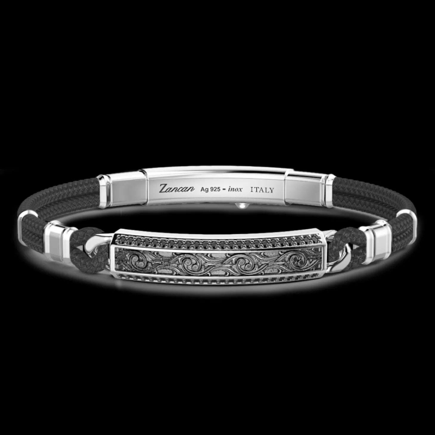 Zancan Gioielli Bracciale Zancan In Kevlar Con Targa In Argento E Pietre Nere.> Bracciali