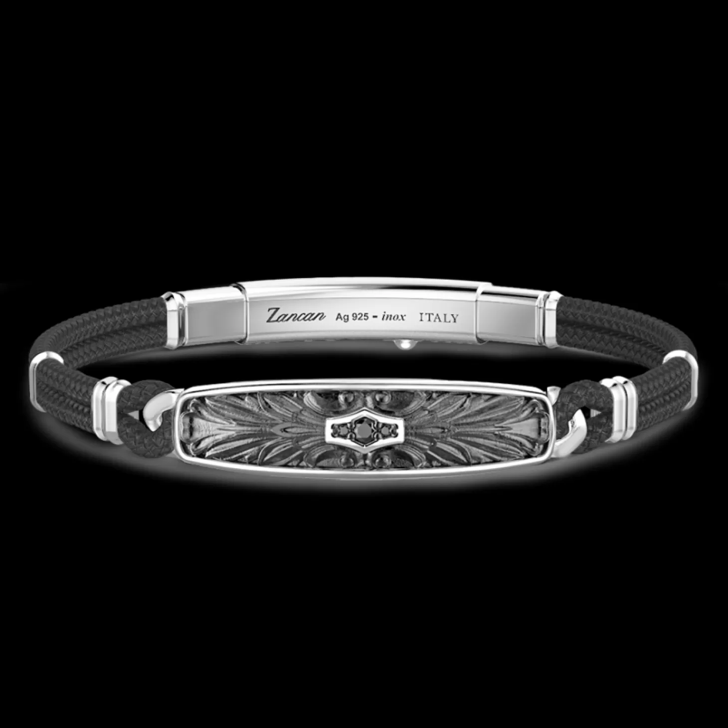 Zancan Gioielli Bracciale Zancan In Kevlar Con Targa In Argento E Pietre Nere.> Bracciali
