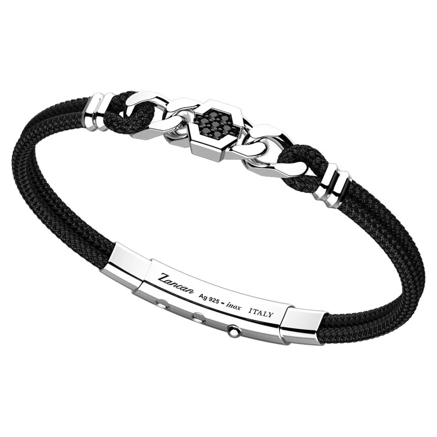 Zancan Gioielli Bracciale Zancan In Kevlar Nero E Piastra Centrale Con Spinelli Neri.> Bracciali