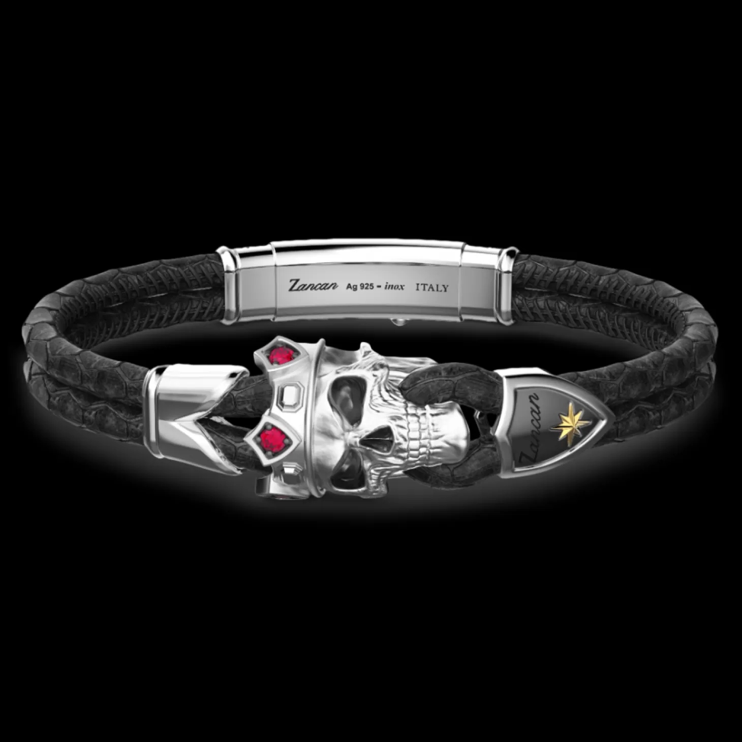 Zancan Gioielli Bracciale Zancan In Pelle Con Teschio Incoronato In Argento E Pietre Rosse.> Bracciali