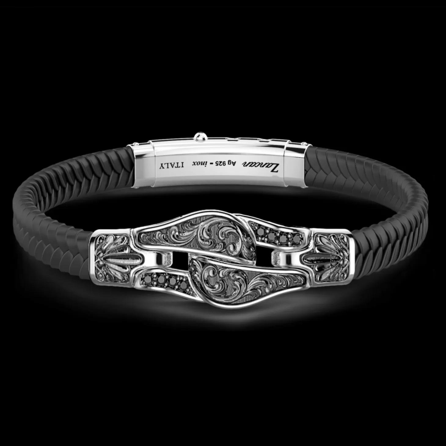 Zancan Gioielli Bracciale Zancan In Silicone Con Targa In Argento E Pietre Nere.> Bracciali