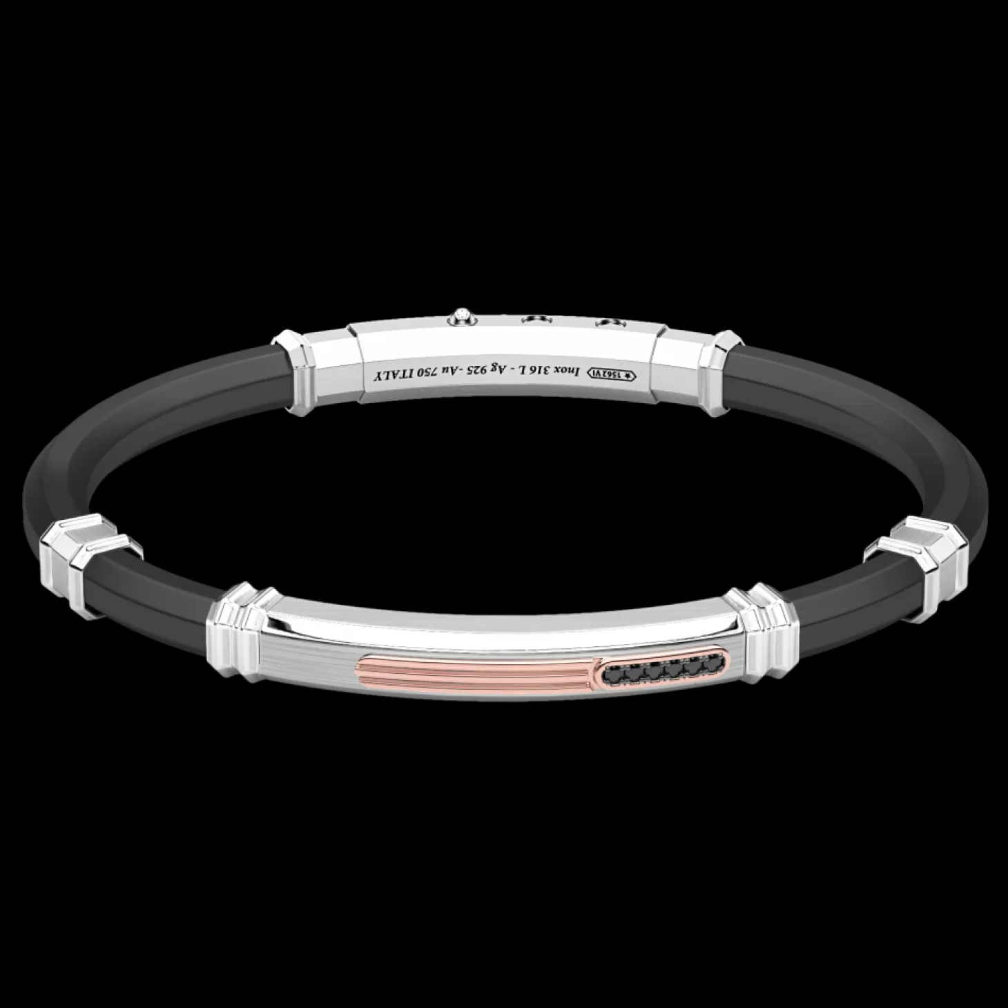 Zancan Gioielli Bracciale Zancan In Silicone Nero Con Targa In Argento E Dettagli In Oro Rosa E Pietre Nere.> Bracciali